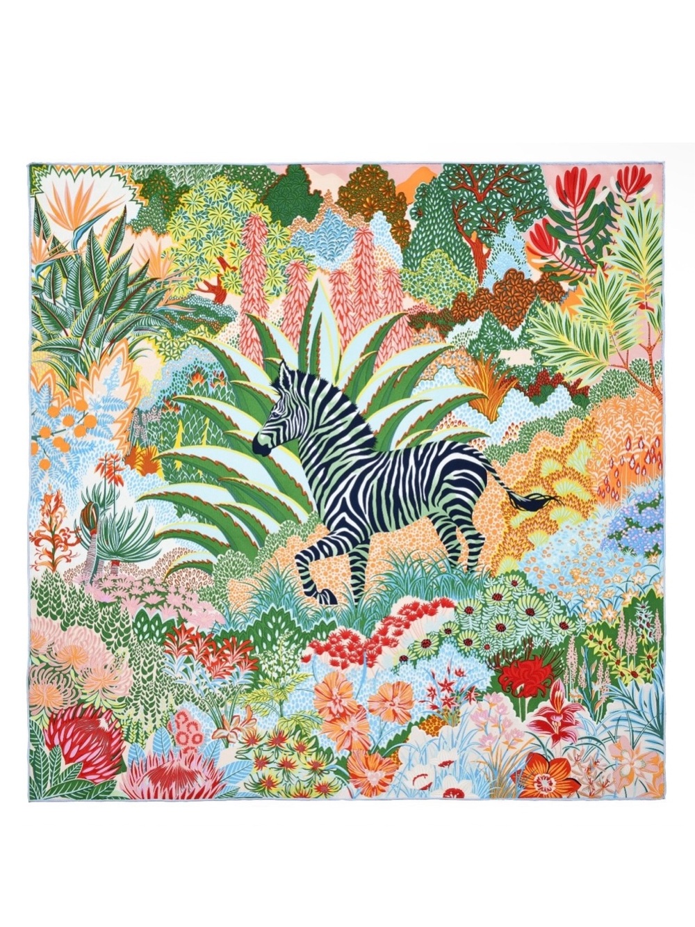 Colorful Zebra & Botanical Print Mulberry Silk Scarf by Carolina Lemke in box